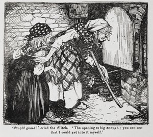 Grethel och den gamla häxan vid ugnen från Hansel och Grethel. av Arthur Rackham
