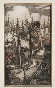 Gulliver griper fiendens flotta, från Gullivers Travels av Jonathan Swift (1667 - 1745), pub. 1909 av Arthur Rackham