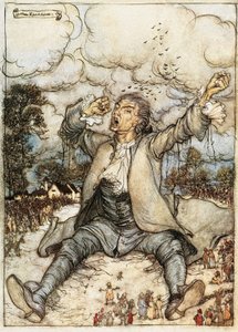 Gulliver vaknar i Lilliput, Illustration från Gullivers resor av Jonathan Swift, av Arthur Rackham av Arthur Rackham
