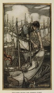 Gulliver fångar fiendens flotta, Illustration från Gullivers resor av Jonathan Swift, av Arthur Rackham av Arthur Rackham