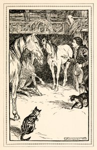 Gulliver har äran att bli förhörd av sina mästars gäster från del IV: A Voyage to the Country of the Houyhnhnms i Gullivers Travels av Jonathan Swift av Arthur Rackham