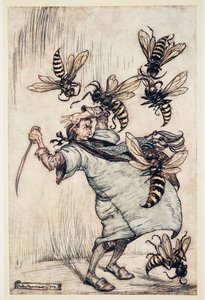 Gullivers strid med getingarna, från Gullivers resor av Jonathon Swift (1667 - 1745), pub. 1909 (lito i färg) av Arthur Rackham