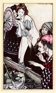 Gullivers möte med grodan från del II: A Voyage to Brobdingnag i Gullivers Travels av Jonathan Swift av Arthur Rackham