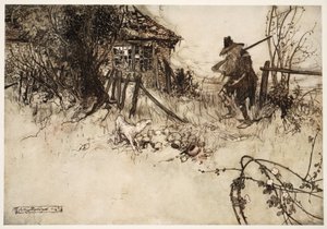 Han hittade huset förfallit? Min hund, suckade stackars Rip, har glömt mig., från Rip Van Winkle av Washington Irving, pub. 1910 av Arthur Rackham