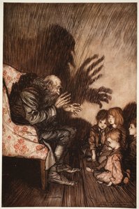 Han föredrog att få vänner bland den uppvuxna generationen, som han snart växte till stor fördel med., från Rip Van Winkle av Washington Irving, pub. 1910 av Arthur Rackham