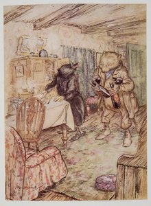 Han dök nu upp igen, något dammig, med en flaska öl i varje tass och en annan under varje arm, från Wind in the Willows av Kenneth Grahame (1859 - 1932), pub. 1940 av Arthur Rackham