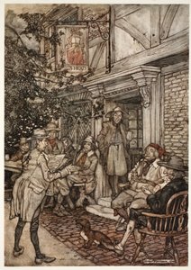 Han brukade trösta sig själv genom att besöka en slags evighetsklubb av vise, filosofer och andra sysslolösa personer, som höll sina sessioner inför ett litet värdshus., från Rip Van Winkle av Washington av Arthur Rackham
