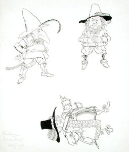"Han var en kraftig gammal herre med en väderbiten min; han bar en snörrebroderi, ett brett bälte och en hängare, en högt krönt hatt och fjäder, röda strumpor och högklackade skor", illustration från "Rip van Winkle" av Washington Irving (1783-1859), versi av Arthur Rackham