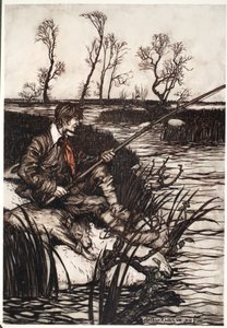Han satt på en blöt sten och fiskade hela dagen., från Rip Van Winkle av Washington Irving, pub. 1910 av Arthur Rackham