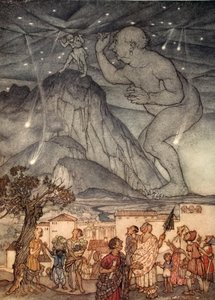 Hercules ryckte mycket på axlarna, illustration från "A Wonder Book for Girls and Boys" av Nathaniel Hawthorne, 1928 av Arthur Rackham