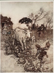Hans ko skulle gå vilse eller hamna bland kålarna., från Rip Van Winkle av Washington Irving, pub. 1910 av Arthur Rackham