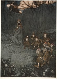 Hans far hade sett dem i sina gamla holländska klänningar spela på niopin., från Rip Van Winkle av Washington Irving, pub. 1910 av Arthur Rackham
