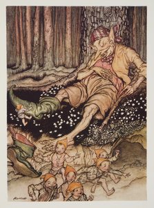 Hop-o-my-thumb gick mjukt upp till Ogre och drog av sig sina sjuliga stövlar, från The Arthur Rackham Fairy Book, pub. 1933 av Arthur Rackham