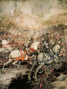Hur Arthur drog sitt svärd, Excalibur, för första gången, illustration från "The romance of King Arthur and his knights of the Round Table" av Alfred W. Pollard, 1910 av Arthur Rackham