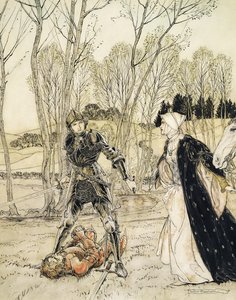 Hur Beaumains besegrade den röde riddaren, och alltid talade damosel många fula ord till honom (penna & bläck och wc) av Arthur Rackham
