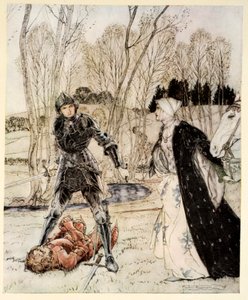 Hur Beaumains besegrade den röde riddaren och alltid flickan talade många fula ord till honom, illustration från 