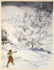 Hur Sir Launcelot sköts av en gentlewoman som jagade, illustration från "The romance of King Arthur and his knights of the Round Table" av Alfred W. Pollard, 1910 av Arthur Rackham