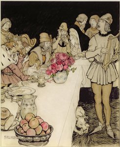 Hur vid en stor fest som kung Mark gjorde kom harparen Eliot och sjöng leken som Dinadan hade gjort (penna och bläck, wc) av Arthur Rackham