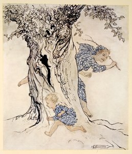 Hur han ansträngde sig och flämtade för att fånga den förföljande personen och förfölja henne och få sin egen övergång till handling, illustration från "Irish Fairy Tales" av James Stephens, 1920 av Arthur Rackham