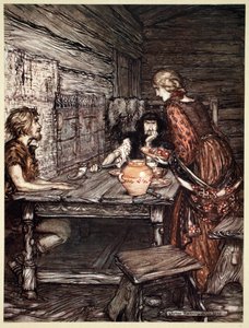 "Hunding upptäcker likheten mellan Siegmund och Sieglunde", 1910. av Arthur Rackham