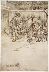 Jag har någonsin pratat med Rip Van Winkle själv, som, när jag senast såg honom, var en mycket sårbar gammal man., från Rip Van Winkle av Washington Irving, pub. 1910 av Arthur Rackham
