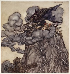 Om hon var missnöjd, skulle hon brygga upp moln svarta som bläck, sittande mitt bland dem som en flaskbukad spindel mitt i sitt nät; när dessa moln brast, ve dalarna!, från Rip Van av Arthur Rackham