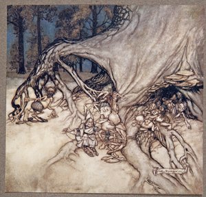 Om de dåliga bland älvorna råkar vara ute, från Peter Pan i Kensington Gardens av J M Barrie (1860 - 1937), pub. 1906 av Arthur Rackham
