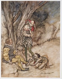 Ill kiss they foot: Ill swear myself the subject, illustration från William Shakespeares The Tempest, pub. 1926 av Arthur Rackham