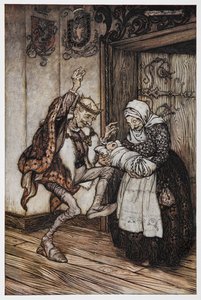Illustration från Briar Rose av en äldre kungar och drottning och deras baby. av Arthur Rackham