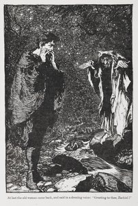 Illustration från Jorinda och Joringel av Zachiel och den gamla kvinnan. av Arthur Rackham