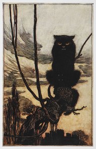 Illustration från Jorinda och Joringel av en svart katt. av Arthur Rackham