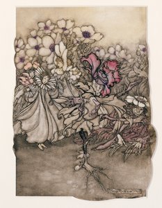 Illustration från Peter Pan i Kensington Gardens av J.M. Barrie (1860-1937) 1906 (penna och bläck med wc på papper) av Arthur Rackham
