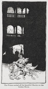 Illustration från Guldfågeln när prinsen bär bort jungfrun till häst. av Arthur Rackham