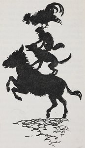 Illustration från Bremen Town Musicians av en åsna, hund, katt och tupp. av Arthur Rackham