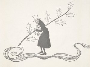 Illustration av Scrooge, avbildad av en kvist av järnek, som håller i en påse med pengar och ser arg ut. av Arthur Rackham