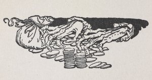 Illustration av Scrooges händer som räknar pengar av Arthur Rackham