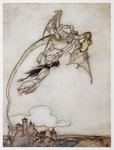 Illustration av en drake som bär bort prinsessan från The Four Clever Brothers. av Arthur Rackham
