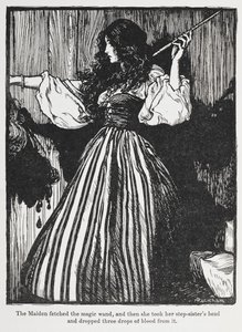 Illustration av en tjej i randig klänning från Sweetheart Roland. av Arthur Rackham