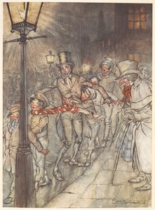 Illustration av en gatubild på julafton med Bob Cratchit och barn. av Arthur Rackham