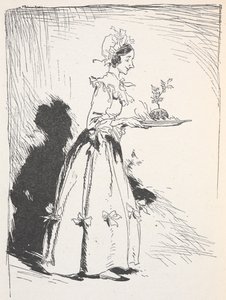 Illustration av en kvinna som bär en julpudding av Arthur Rackham