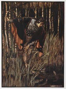 Illustration av en ungdom vid en damm från The White Snake. av Arthur Rackham