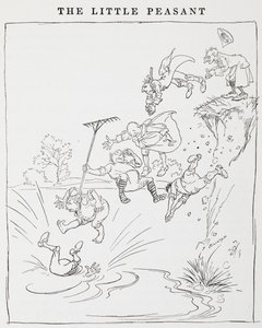 Illustration av män som hoppar från en klippa i en damm från The Little Peasants. av Arthur Rackham