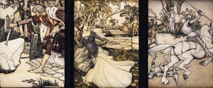 Illustrationer till The Morte d"Arthur: Sir Galahad drar Balins svärd från den flytande stenen; La Cole Male Taile dräper lejonet som hotade drottning Guenevere; och Beaumains besegrar den gröna riddaren, 1902 av Arthur Rackham