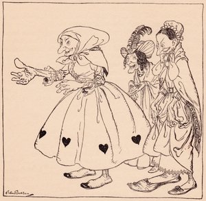 In kom de tre kvinnorna klädda på det mest äckliga sätt. Illustration av Arthur Rackham från Grimm