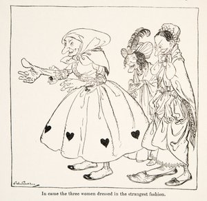 In kom de tre kvinnorna klädda på det konstigaste sätt, från Little Brother & Little Sister and Other Tales by the Brothers Grimm, pub.1917 (litho) av Arthur Rackham