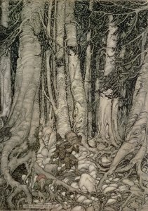In the Forest with a Barrel från Rip Van Winkle skriven av Washington Irving (1783-1859), 1905 av Arthur Rackham