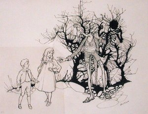 "Det var ett slags skelett", illustration från "The Zankiwank and the Bletherwitch", av S.J. Adair Fitzgerald, publicerad 1896 (penna och bläck). av Arthur Rackham