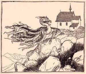 Det dröjde inte länge innan den sjuhövdade draken kom, högljutt vrålande. Illustration av Arthur Rackham från Grimms saga, de två bröderna. av Arthur Rackham
