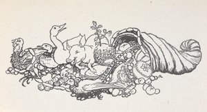 Föremål från en julfest som rinner ut från en hornform. Föremålen inkluderar en julpudding, korv, en kalkon, en gris, en anka, en fasan, en paj och frukt. av Arthur Rackham