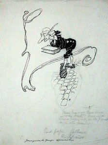 "Jorumgander den yngre lämnade sin butik och gick fram till dem med en låda med pennor som han erbjöd till försäljning", illustration från "The Zankiwank and the Bletherwitch", av S.J. Adair Fitzgerald, publicerad 1896 (penna och bläck på papper) av Arthur Rackham